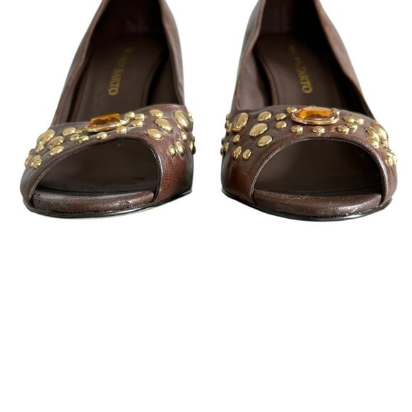 Franco Sarto Fanatic Heels Brown Studded Leather Peep Toe Stacked Heel Size 10M - Picture 12 of 14